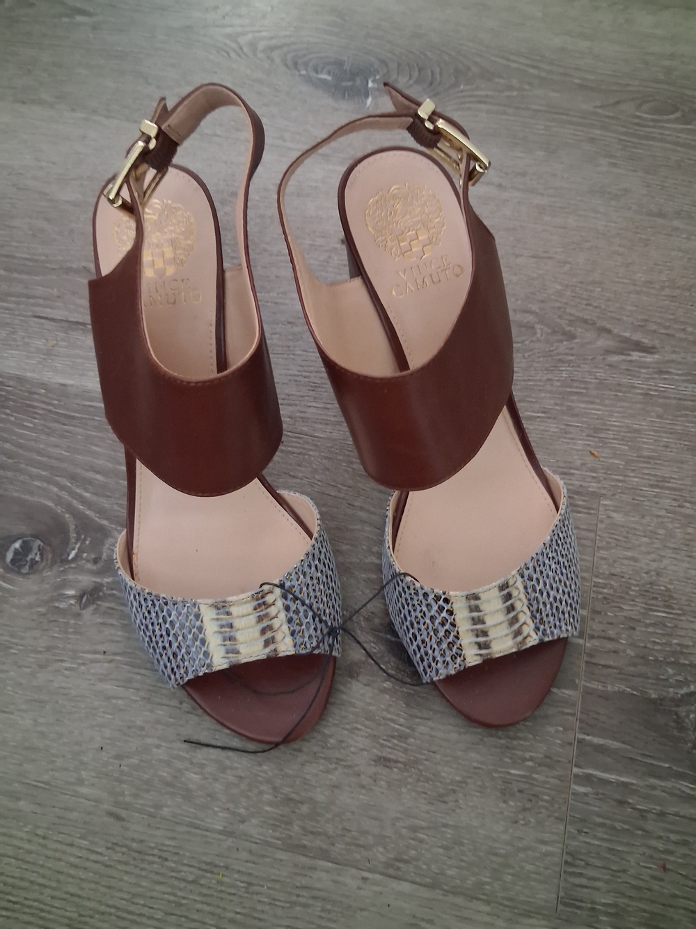 Vince Camuto Brown Leather Slingback Heels with Snake-Print Toe